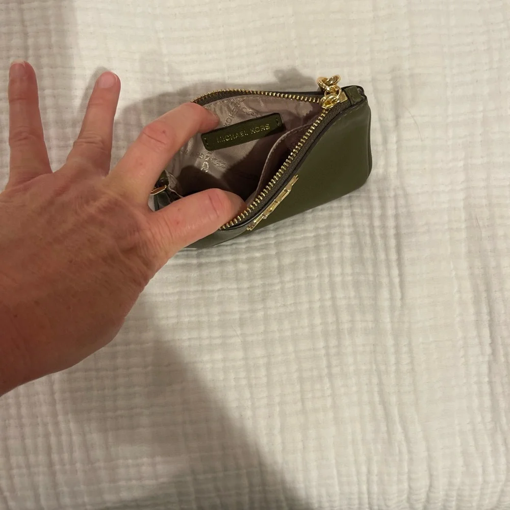 Michael Kors Olive Green Leather Coin Pouch with Gold Hardware and Chain